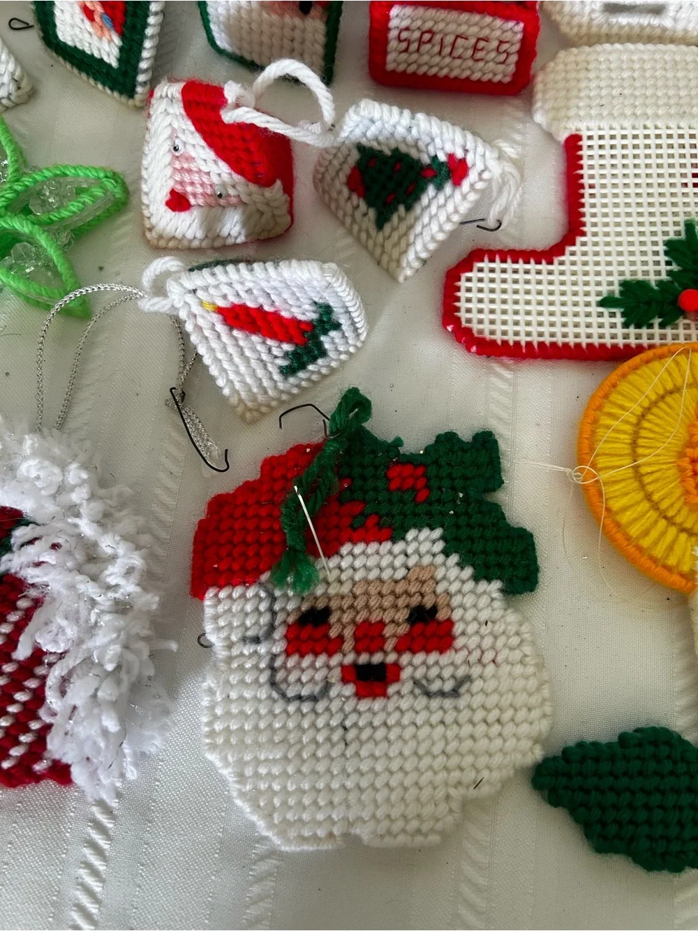 Vintage Plastic Canvas Christmas Ornament Set Santa Elf Angel Spice Box Candle